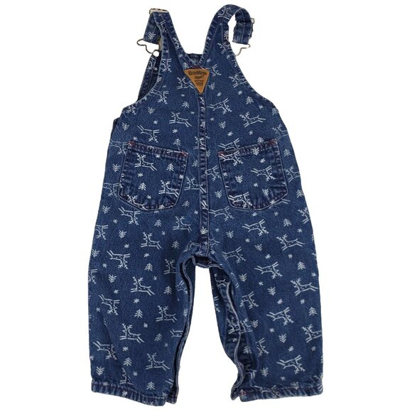 Vintage Oshkosh Vestbak Denim Overalls Size 12M Christmas Trees Reindeer Snow - Picture 3 of 13